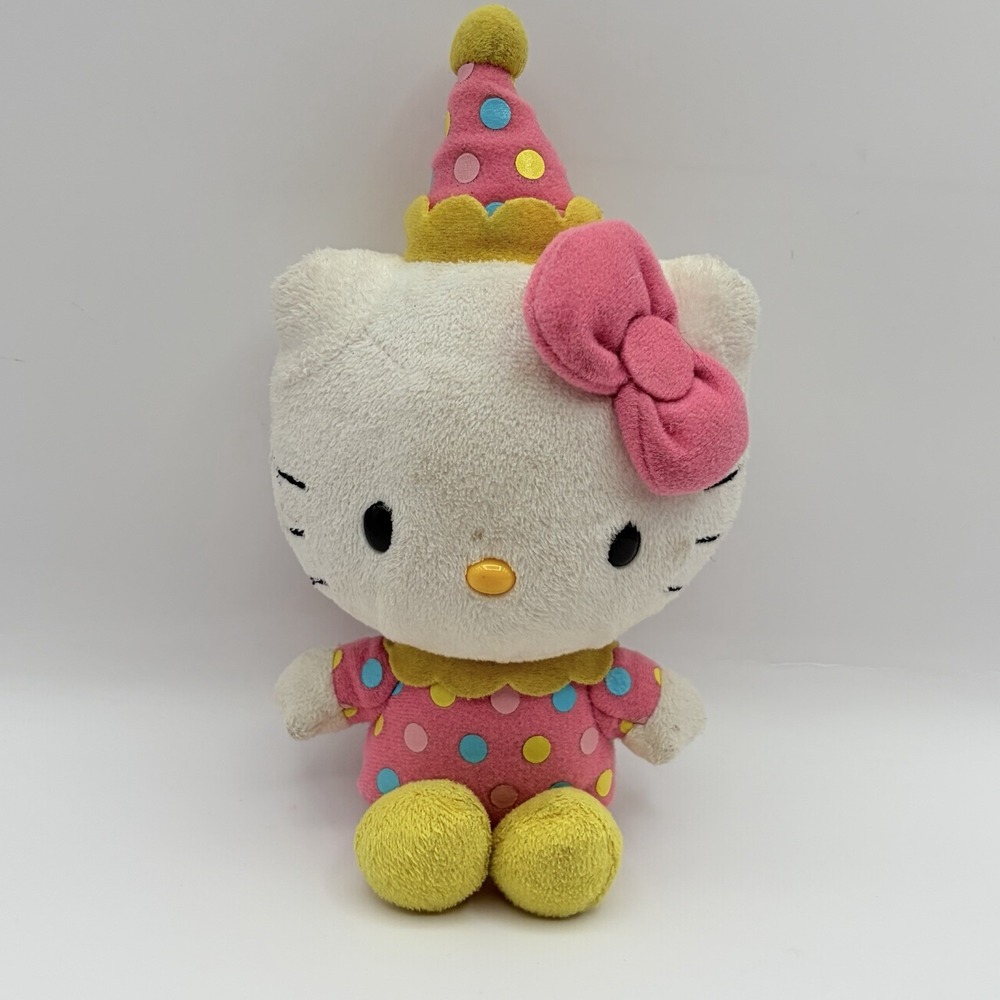 Vintage Sanrio HELLO KITTY Birthday Party Polka Dot Hat Juggling Clown Plush 6"